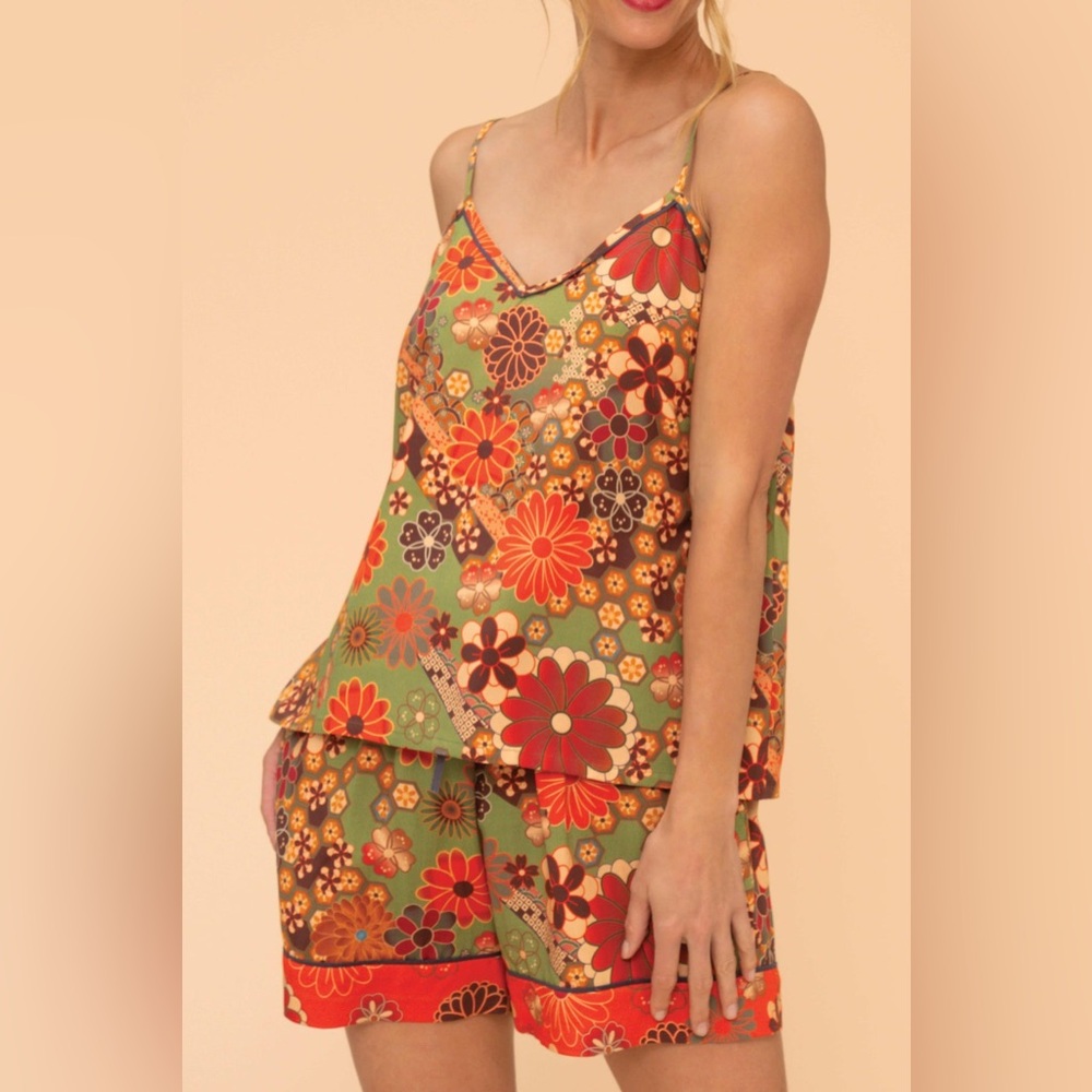 Floral V-Neck Cami & Short Pajama Set - Green/Orange